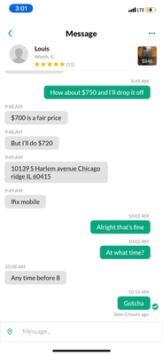 Conversation with Louis, the employee on Offerup, agreeing to $720, for the Iphone in excellent condition.