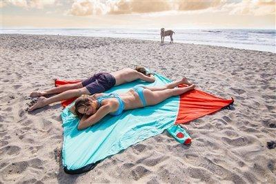 Best Beach blanket ever. light and small for travel. strong parachute nylon. keeps sand off. corner pocket anchors