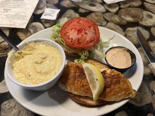 Blackened grouper sandwich with cheese grits!