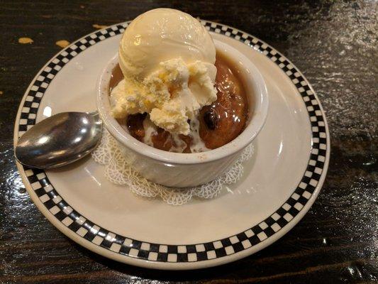 Bread pudding, with caramel sauce and vanilla ice cream