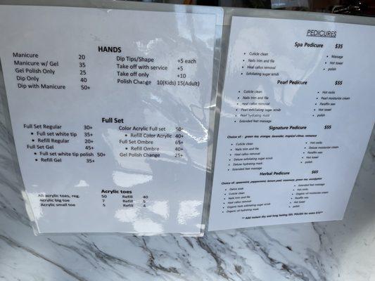 Prices menu