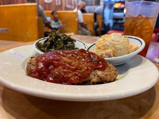 Granny's Meatloaf with potato salad and collard greens.