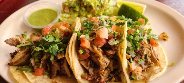 Three generous carnitas tacos