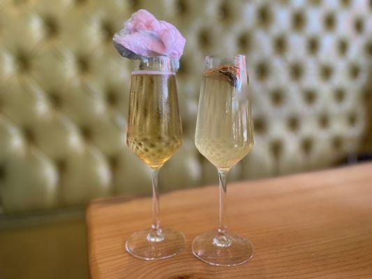 "Cotton Candy" mimosa (rosé prosecco, cotton candy) and "Mo-Cello" mimosa (prosecco, limoncello, lemonade)