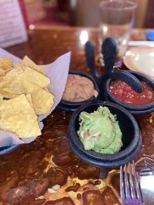 Chips, refried beans, salsa & guacamole