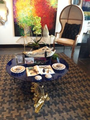 Our Bohemian Chic curation showcasing blue-splotch coffee table handmade by Glassisimo.