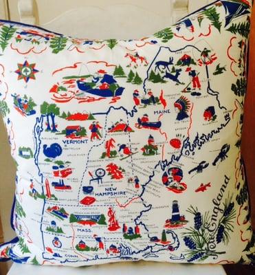 A Map of New England ... now a really eye-catching pillow ... for sale in our Studio.