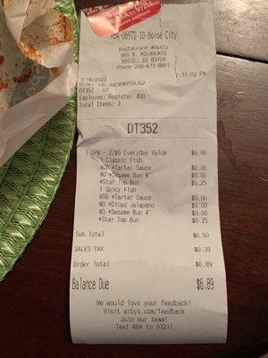 The receipt for this sandwich.