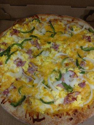 Egg, ham, green pepper, and onion breakfast pizza!!    ...please give 1 day notice for ordering!!