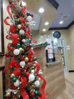 Receptionist desk and Christmas decor, very welcoming.