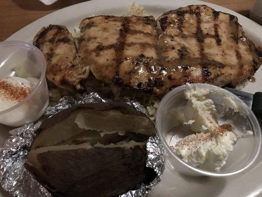 Marinated chicken dinner look at the giant portions!! Very delicious too!