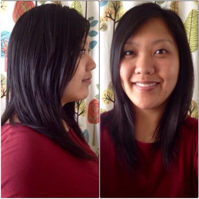 $18 for women's haircut as of 5/16/15. Requested for a long layered bob.