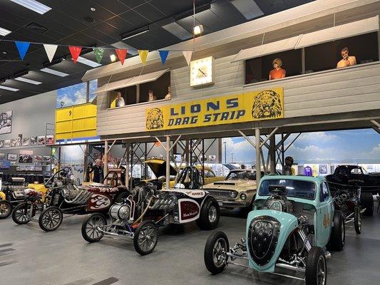 There is an entire room recreating the historic Lion's Drag strip including bleacher seats. It is quite a site to see!