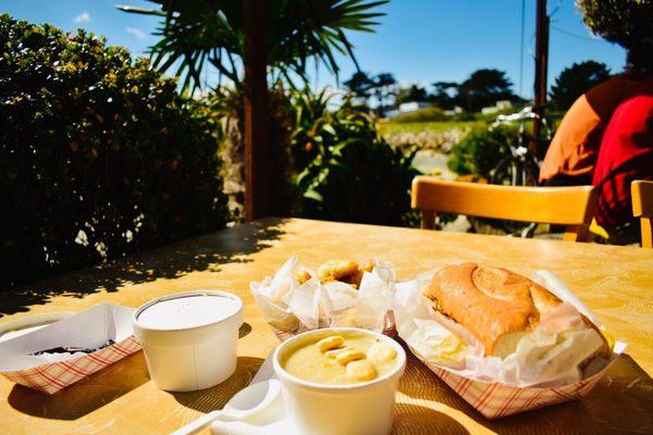 Fish sandwich, fried artichoke and clam chowder