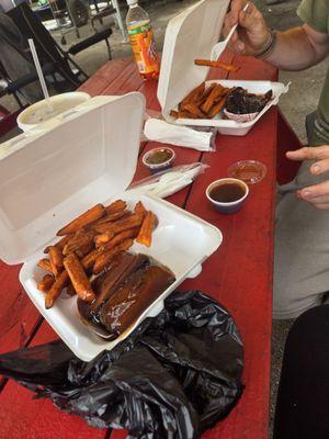 Brisket and fries, subbed with sweet potato fries.