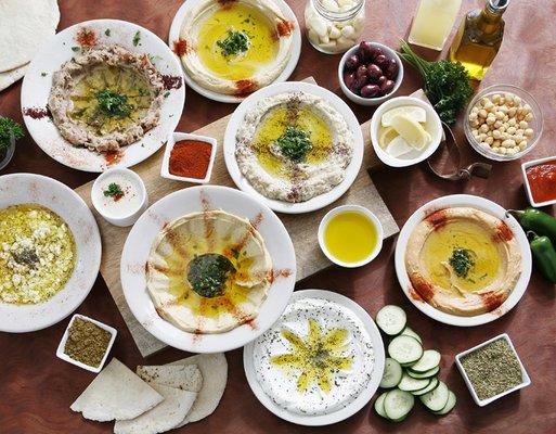 Our homemade appetizers. Hummus, Babaganoush, Lebaneh, Favabeans, Spicy Hummus etc