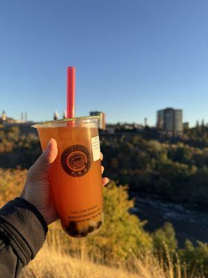 Large Kumquat-passionfruit fruit tea w/ half boba, half lychee jelly, less ice, and less sugar