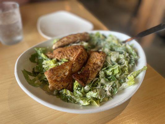 Caesar with missing croutons and barely seasoned blackened mahi mahi