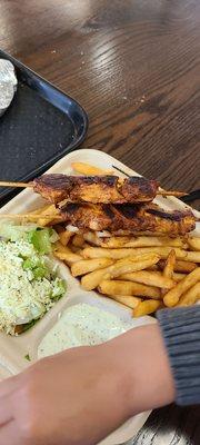 chik kababs, salad, dressing and fries