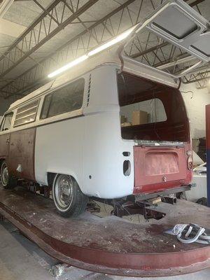 VW bus rear corner collision/ rust repair