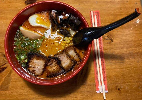 Tonkotsu ramen from Momoyo Ramen in North Hampton NH. Flavorful, delicious and a great combination of toppings!