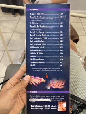 Manicure and massage menu