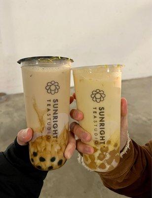 Oolong Milk Tea with brown sugar boba and Mango Milk Tea with honey boba