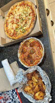 Cheese Pizza with jalapeno and pineapple, buffalo Chicken Wings, Spaghetti with Meatballs