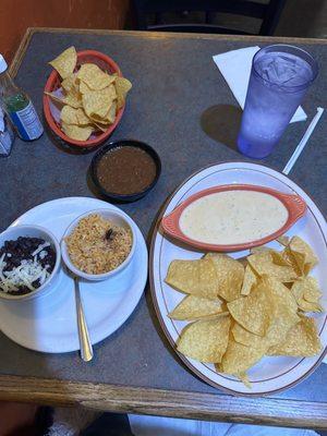 rice, Black Beans, Queso Dip