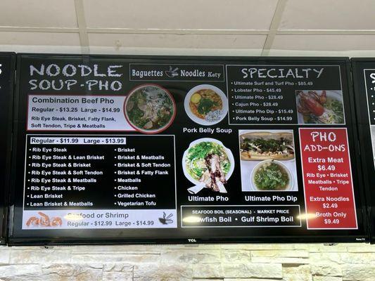 Menu - pho noodle soup, specialty items