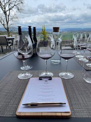 Line up of Pinot Noirs with a view of the vineyard.