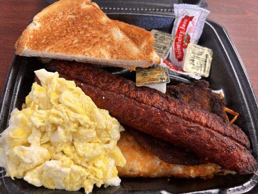 Breakfast platter with both hot sausage and smoked sausage, hashbrown