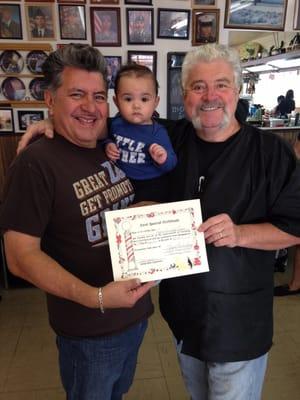 Grandpa, my son and Rick with an awesome first haircut certificate he hands out