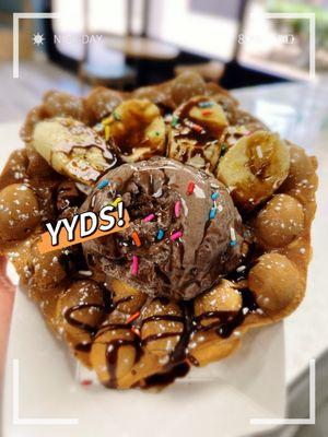 Bubble waffle with chocolate ice cream and banana