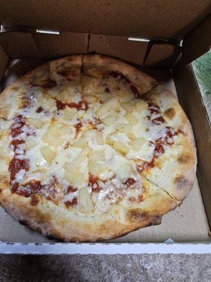 Small cheese pizza with "lite" pineapple.