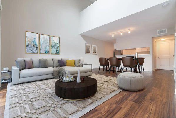 Living room and kitchen at Beverly Plaza Apartments