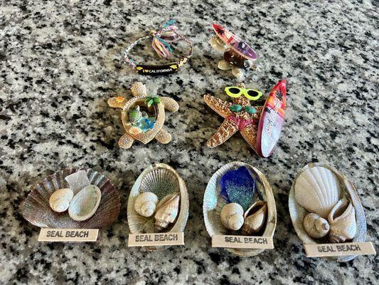 Bracelet, mini turtle with a surfboard made from seashells, creative starfish magnet, Seal Beach seashell magnets