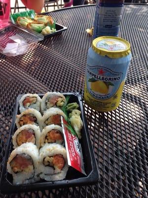 Spicy tuna roll and Sanpelligrino