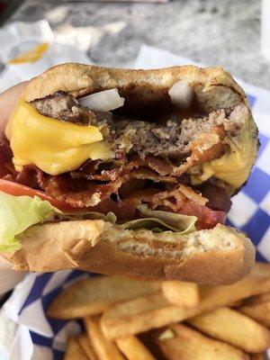 Close up of bacon cheeseburger