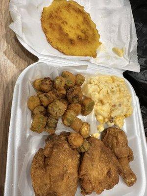 Fried Chicken fried Side of Okra Side of Macaroni and Cheese hot water cornbread