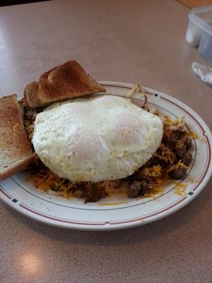 The steak and eggs skillet.I order to extract eggs... It had so much stake in it I had to ask for A 1 ... It was pretty good