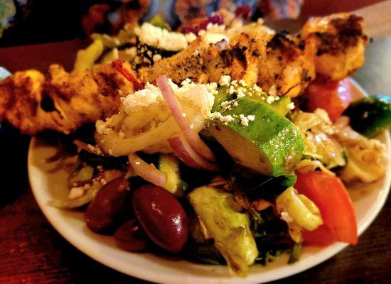 Greek Salad w grilled chicken skewer