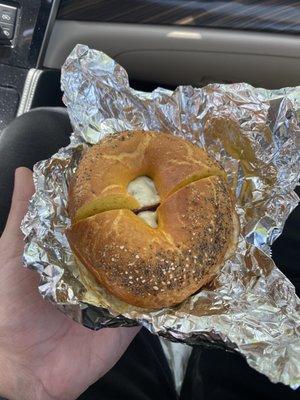 pork roll egg and cheese on an everything egg bagel