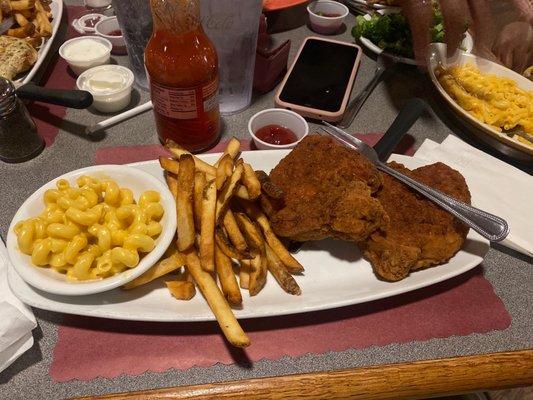 Pork Chop with Mac 'n' Cheese and fries