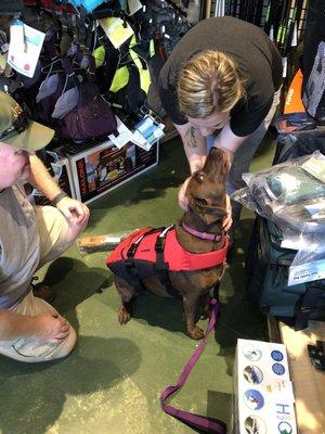 Ruby trying on her jacket and saying hi to Rachel.