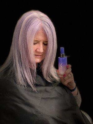 Going gray can be fun! Highlights and black peekaboo low lights with lilac Pulp Riot semi permanent color toner