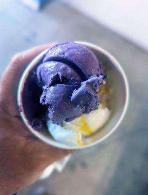 Ube malted crunch over mango sticky rice