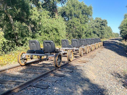 Rail bikes lined up and ready to go.