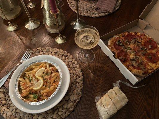 Pepperoni And Mushroom Pizza, Drunken Shrimp Pasta, and focaccia for take out