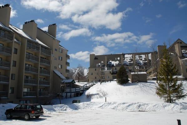 View from building II, building I to the left, the main building on the right, Killington Mountain in the background.